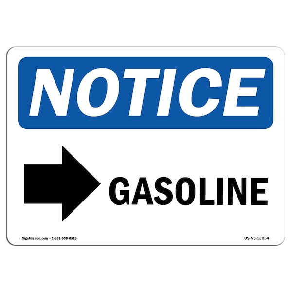 Safety Sign, OSHA Notice, 12" Height, 18" Width, Gasoline (Right Arrow) Sign With Symbol, Landscape